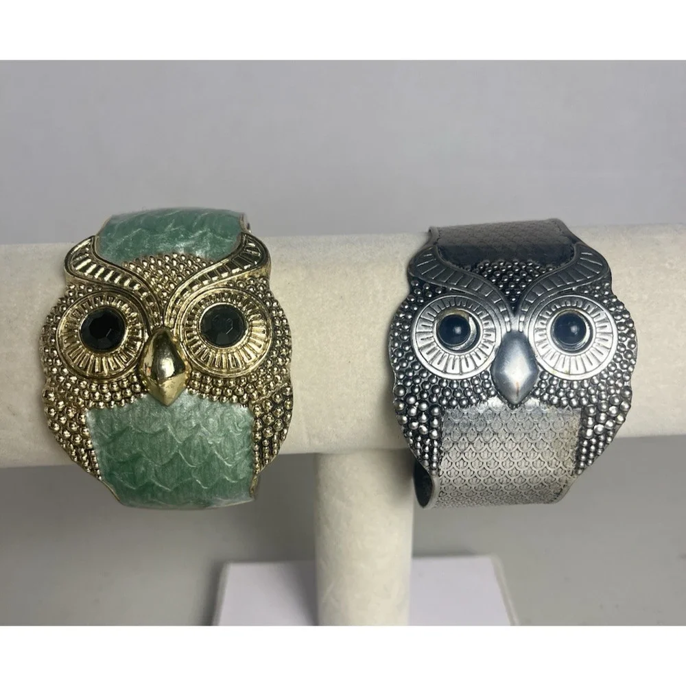 Owl Cuff Clamper Bracelet Lot Sea Green Enamel Silver Tone & Gold Tone Boho